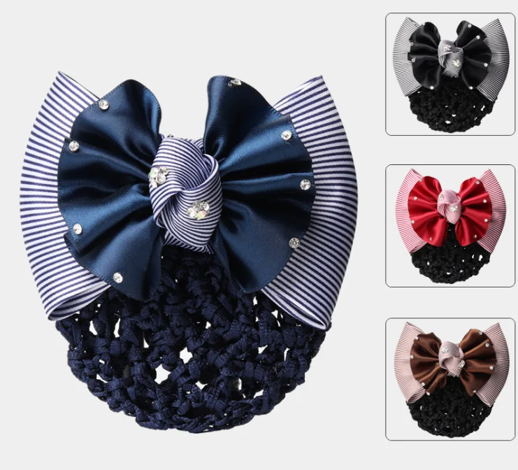 Professional Stain Flannel Bow Flower Hair Clip With Crystal Hair Bun Net For Stewardess Nurse Accessory Properly in the Office