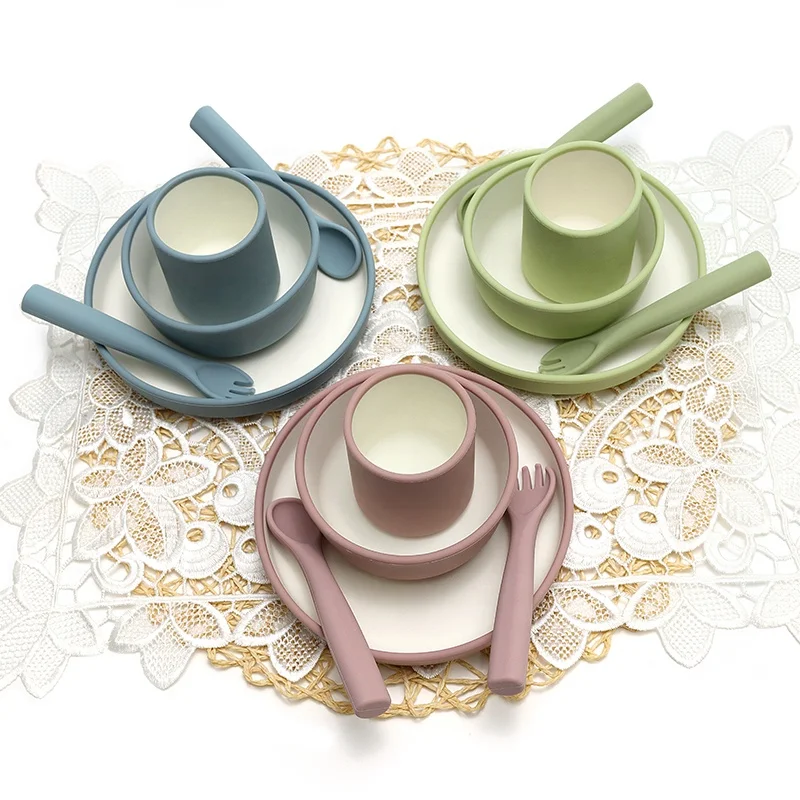 Toddler Snack Food Tableware Dinner Dish Feeding kids dining Suction Silicone Bicolor Cup baby weaning Plate Bowl Spoon Set