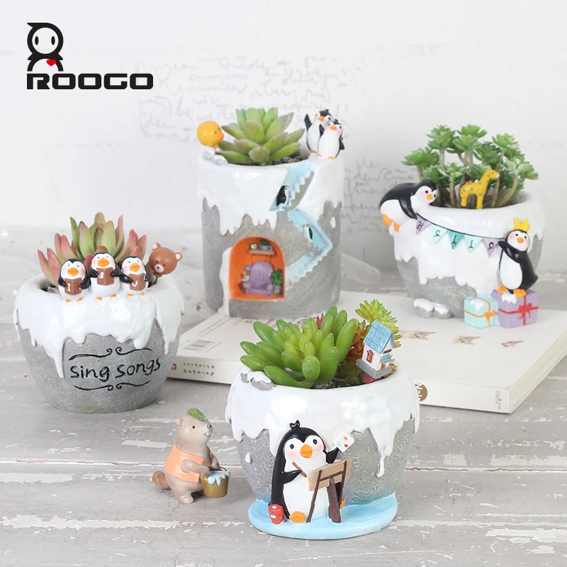 Roogo cute ice penguin flower pots succulent planter garden plant pots decoration