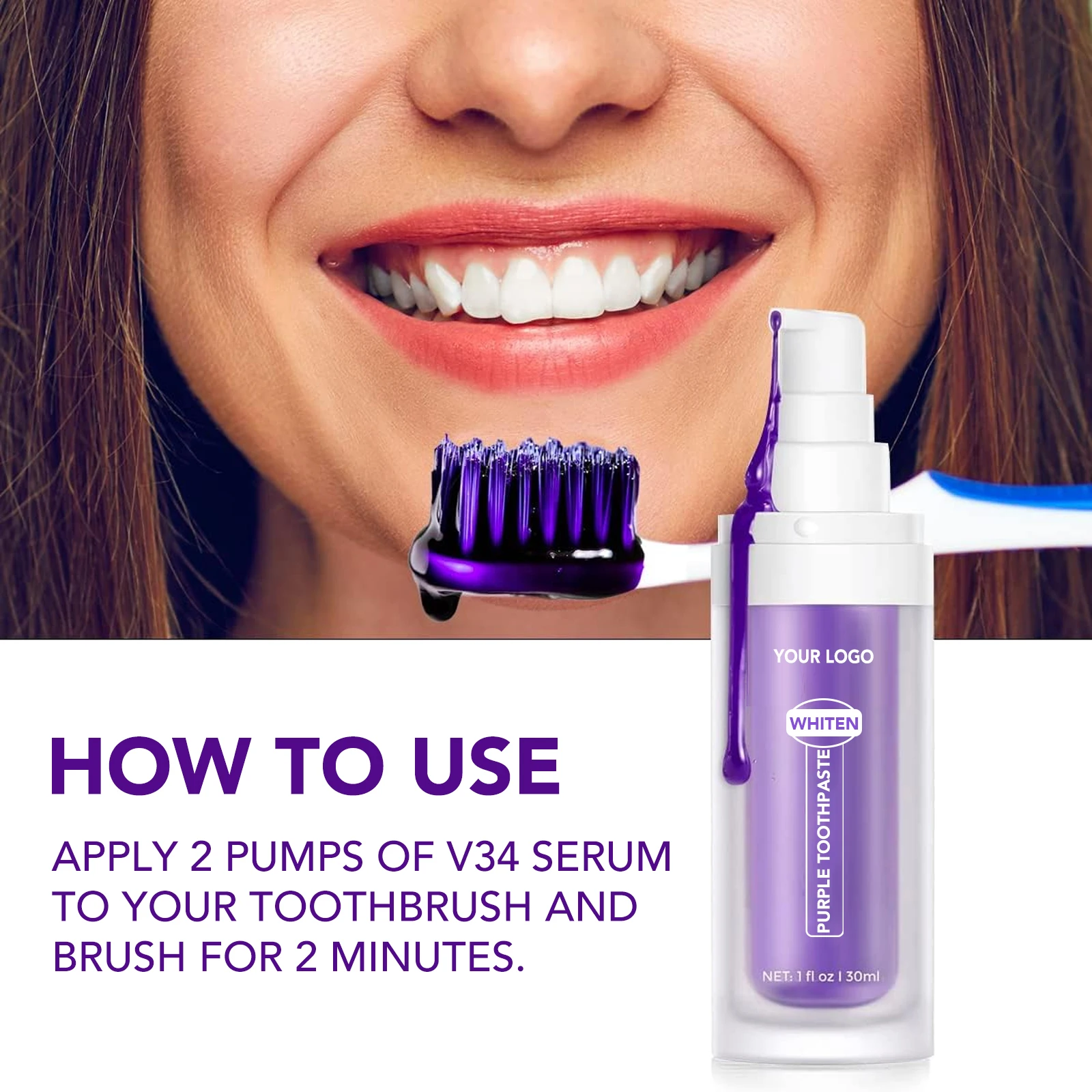 best seller custom logo organic natural v34 purple wholesale private label toothpaste for teeth whitening