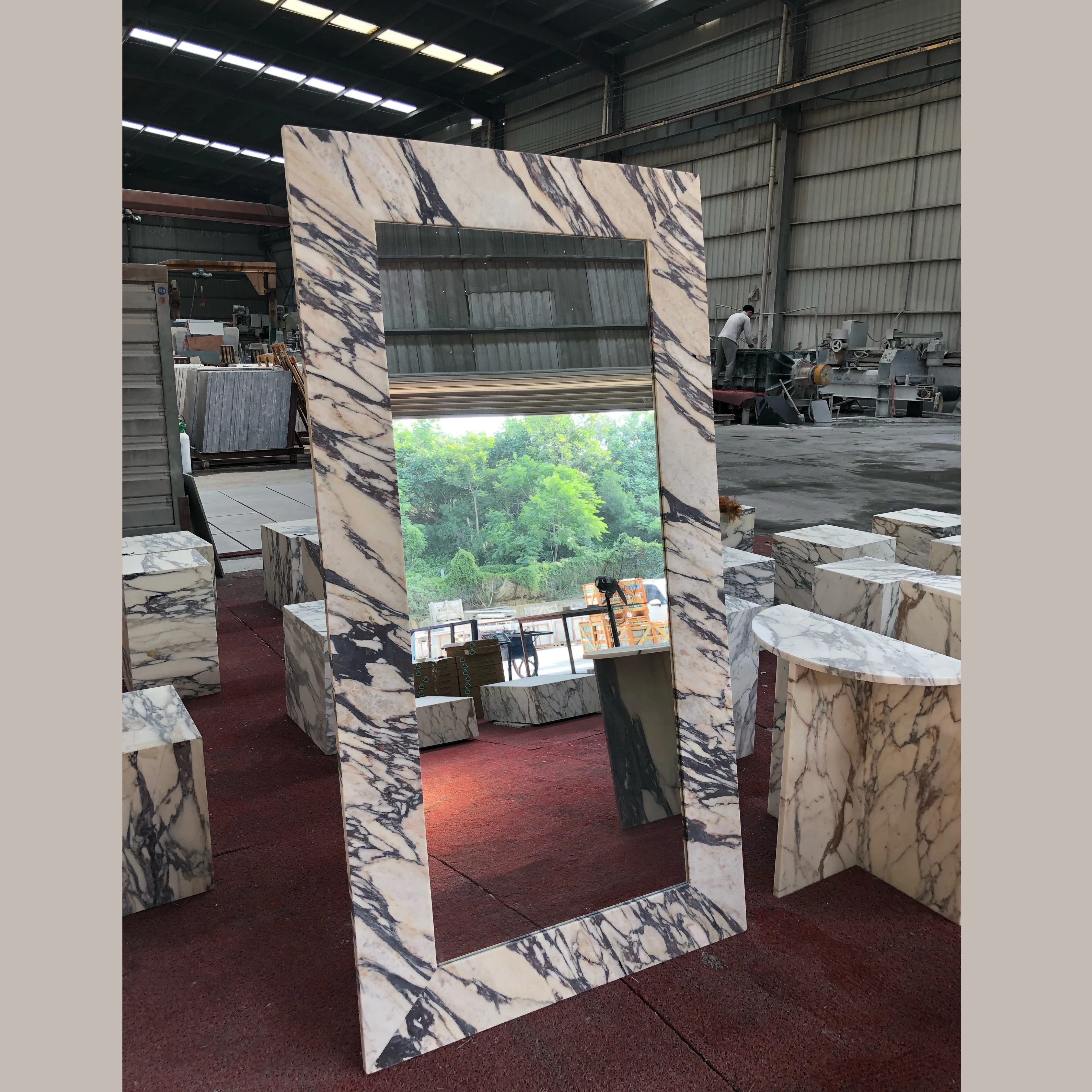 SHIHUI Custom Rectangle Shape Calacatta Viola Marble Framed Long Full Length Body Wall Dressing Standing Decor Glam Floor Mirror