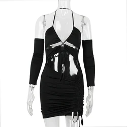 Summer Women Halter Long Sleeve Mesh Split Bandage Hollow Out Mini Dress 2 Piece Set Women Skirt Sets