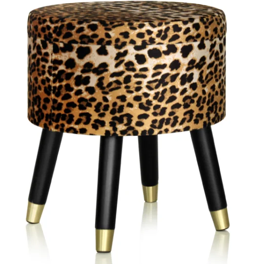 Leopard Print Space Saving Velvet Storage Foot Pouf Ottoman Stool with Wooden Legs