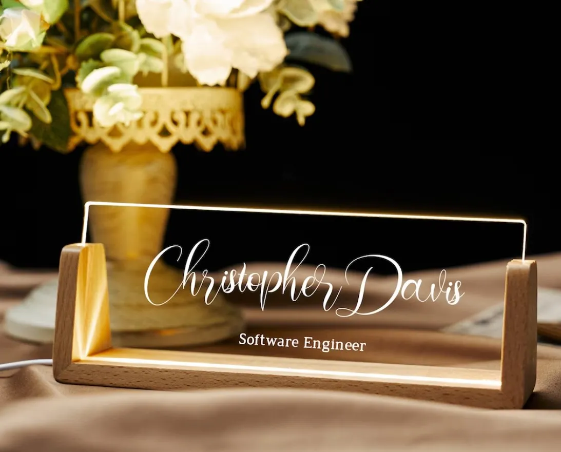 Office Personalized BOSS Coworkers gifts Modern Office Desk LED Lamp Lighted topper acrylic Desk Name Plate with Wooden Base