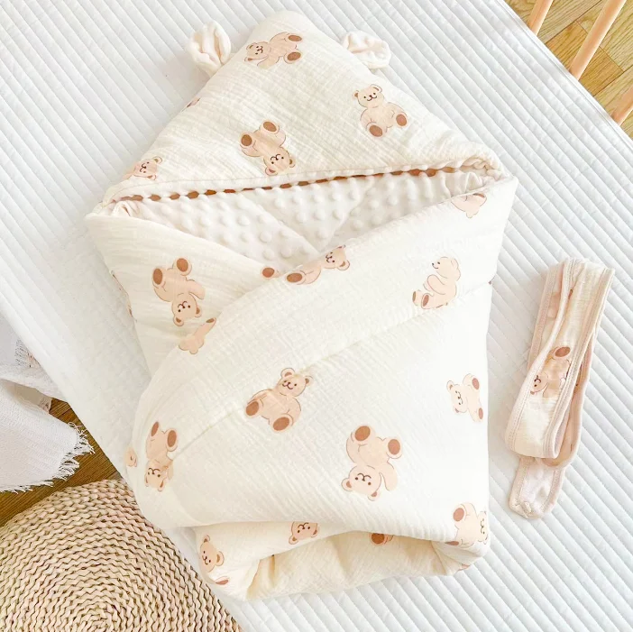 Stock Quick Delivery Mixed Patterns 100% Organic Cotton Hooded Towel Baby Wrap Blanket Nest Sleeping Bag Bear Fruit Pattern