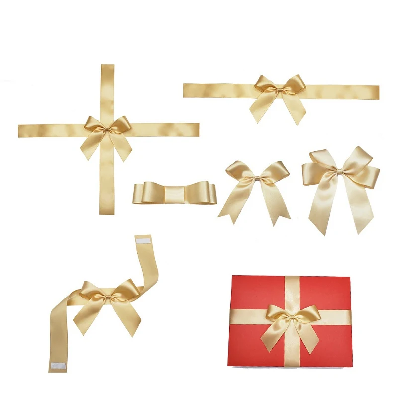 Customized Made Good Price Ribbon Print Gift Bow Tie Design Gold Satin Ribbon Bows For Gift Box