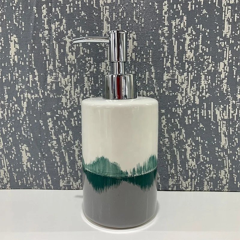 Modern hand-paiting design Landscape reflection ceramic bathroom set 4pcs toilet brush holder, cup, dish and soap dispenser
