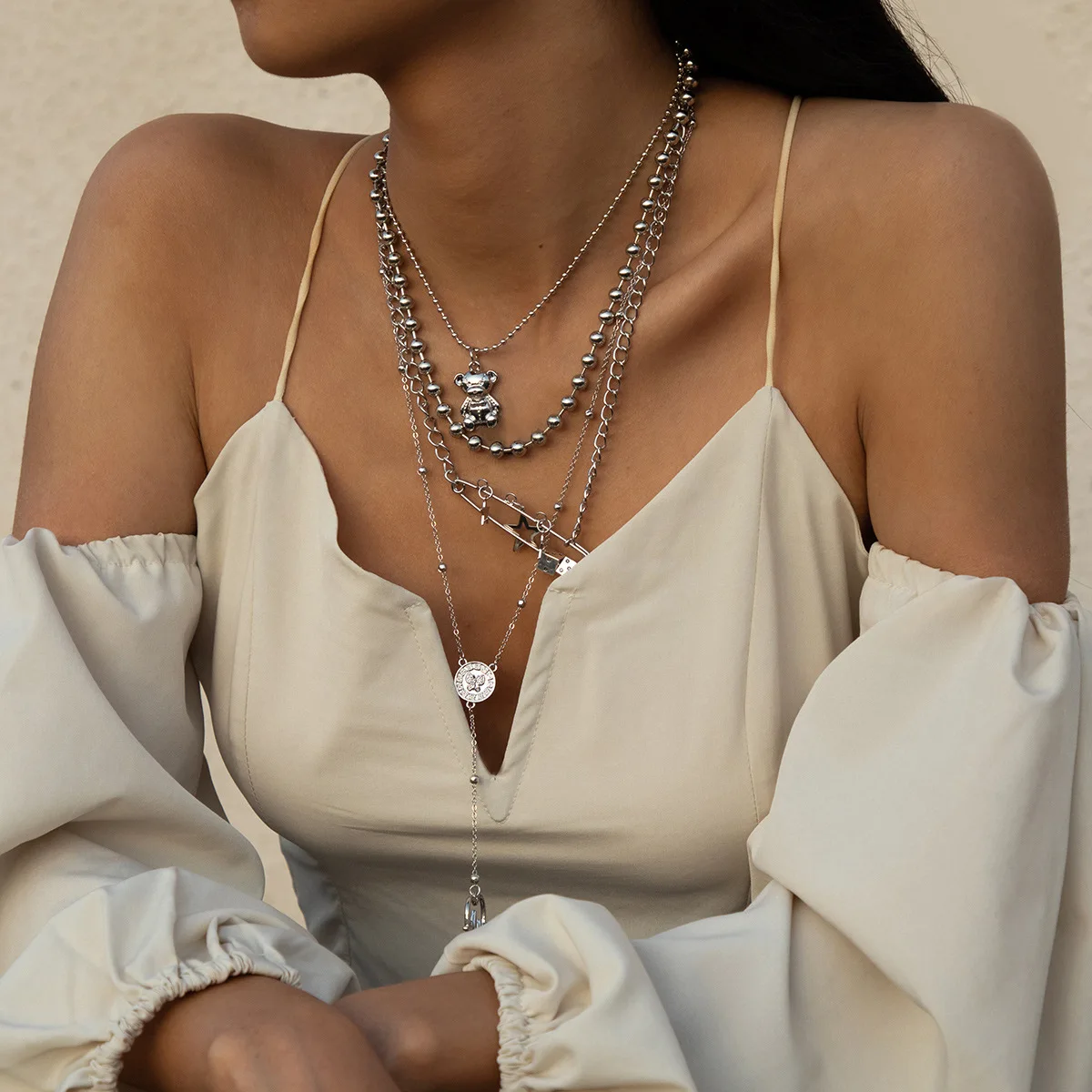 Exaggerated Multi Layering Jewelry for Women Tassel Jewellery Punk Bead Hollow Heart Coin Star Dice Pin Bear Pendant Necklace