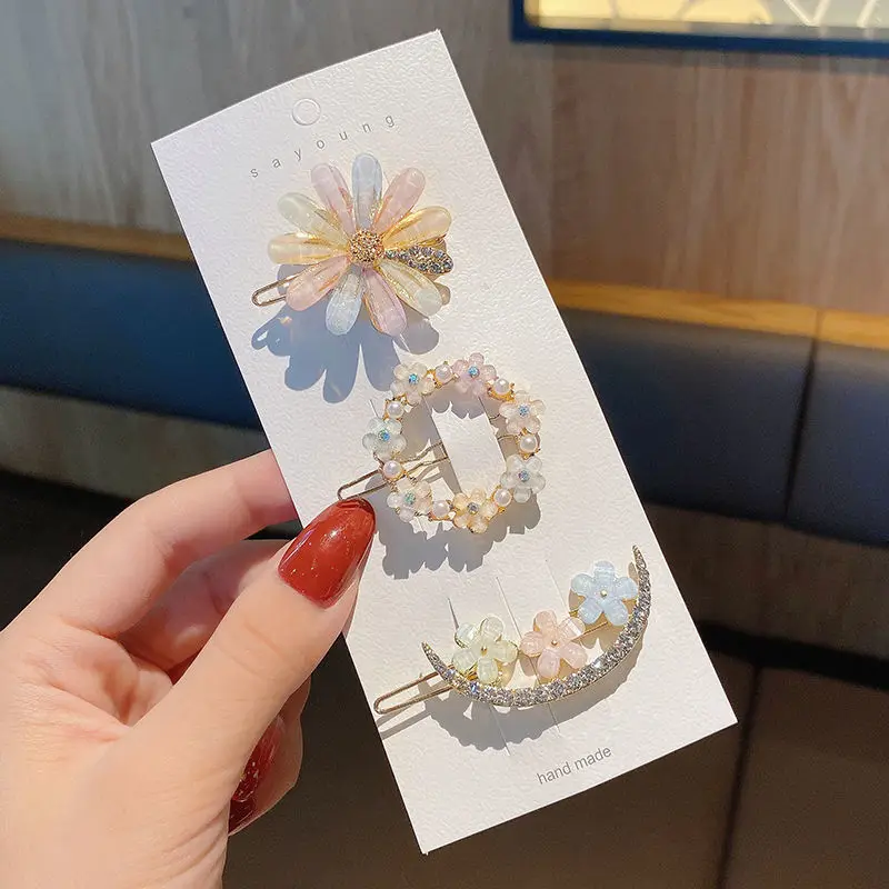 Fashion Simple Floral Metal Hearts Pattern Crystal Hair Clip For Girls