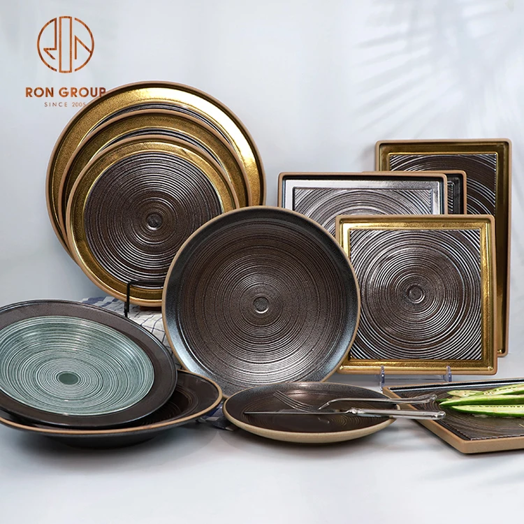 wholesale nordic porcelain tableware round gold green color dinner dishes set restaurant ceramic plates