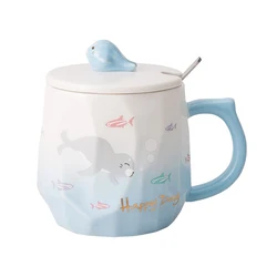 Feiyou wholesale Nordic style Cartoon 3D three-dimensional relief sea lion ceramic cup Creative mugs Cup with lid spoon