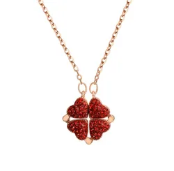 Eico Luxury Red and Black Love Heart Four-Leaf Clover Cubic Zirconia Charm Magnetic Pendant Necklace 18k Gold for Girl