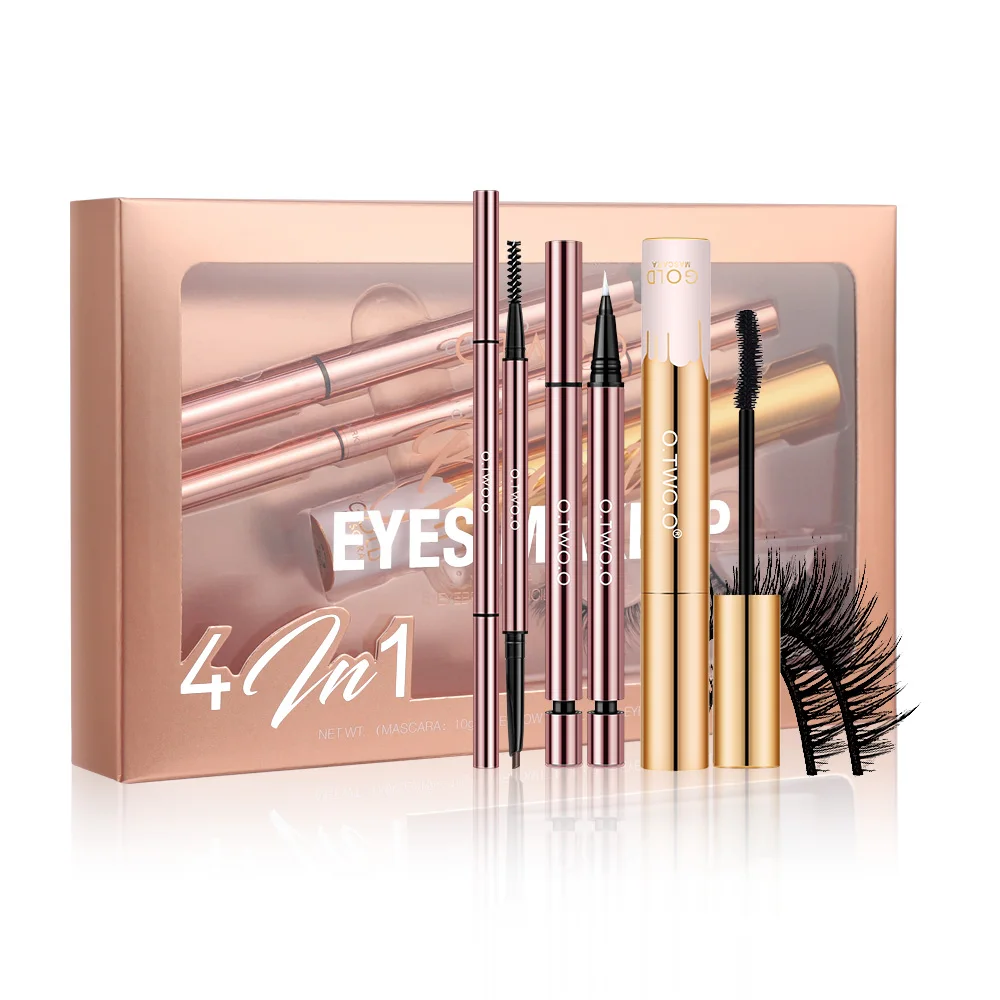 O.TWO.O Long Lasting Thick Curling Mascara Eyebrow Pencil Eyeliner Eyelash 4 in 1 Eyes Makeup Set