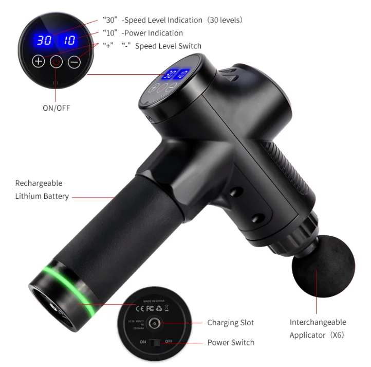 6 Head 30 Speed Quick Rechargeable Body Vibration Handheld Deep Tissue Percussion Massager Muscle Massage Gun