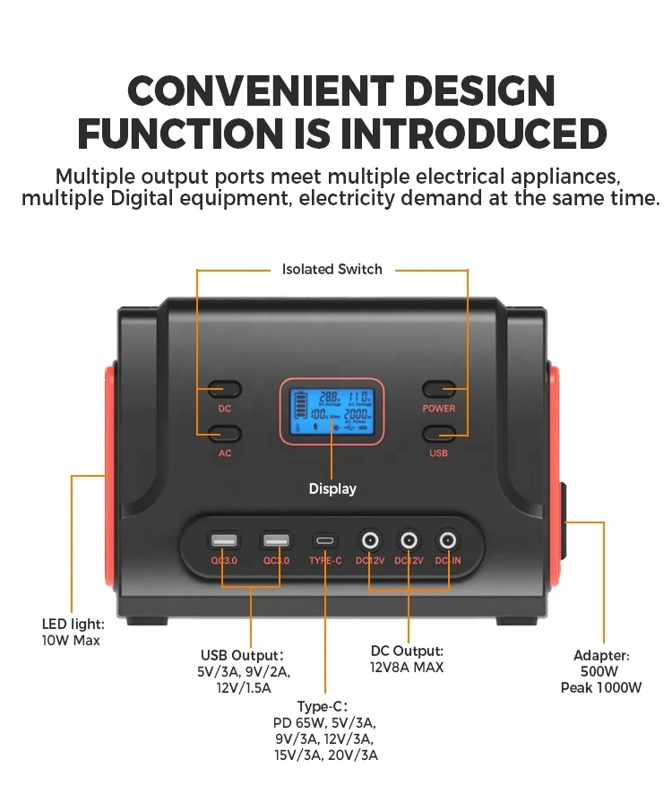 Портативная электростанция 500Wh Открытый Солнечный Генератор Мобильный ионно-литиевая аккумуляторная батарея 110V 500W AC Розетка для поездку Отдых на природе