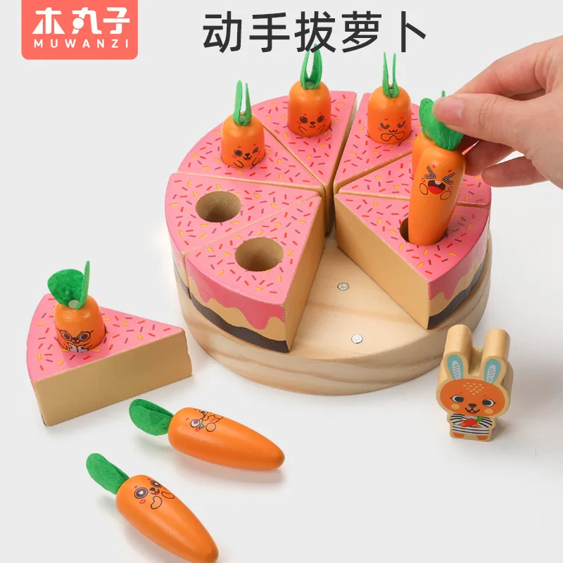 Low MOQ Fast Delivery Simulation Rabbit Cake Multi-functional Kids Baby 1-3 Years Old Wooden Carrot Birthday Cake Toys