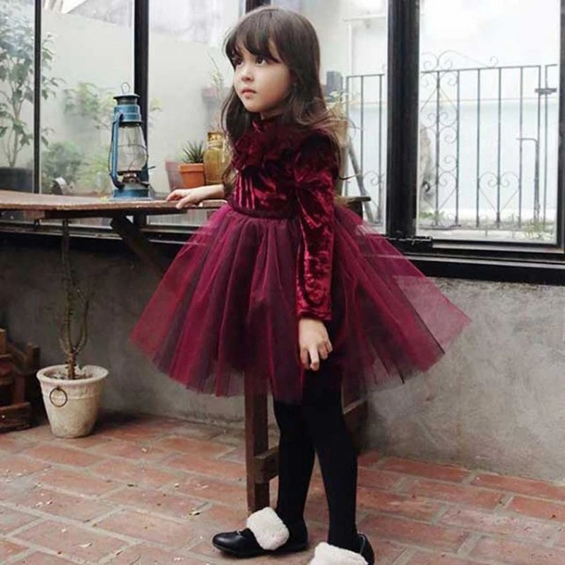 Toddler Christmas Solid Color Long Sleeve 2-7 Yrs Girls Dress Sweet Party Dresses For Kid