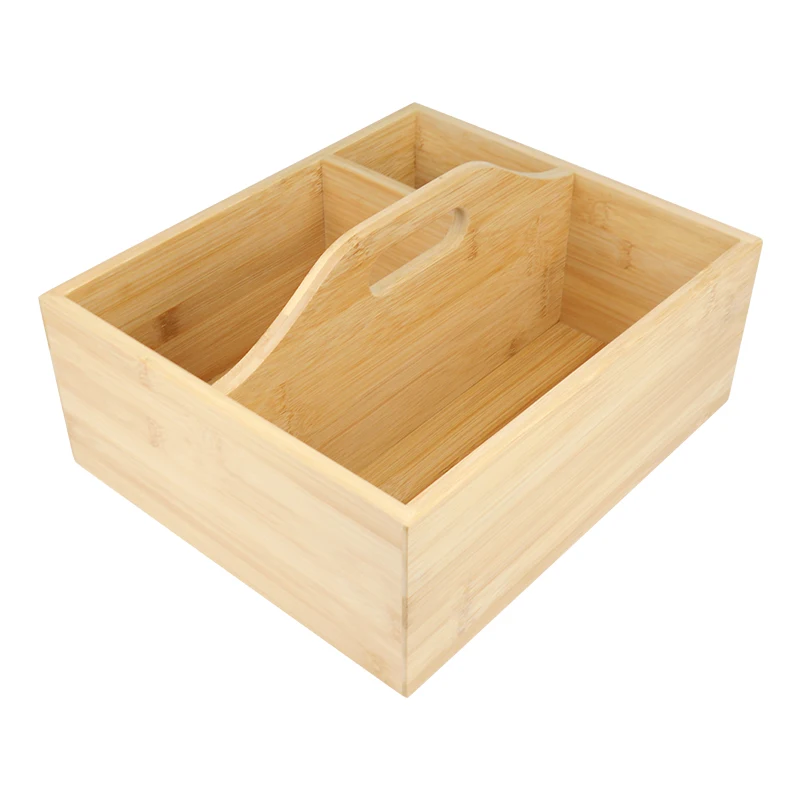 Compact Bamboo Wood Tea Organizer 3 Divided Sections Attached Handle Holder for Tea Bags Coffee Packets Sugar  Sweeteners