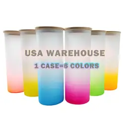 USA warehouse in stock 20oz straight glass can Gradient Beer Glass frosted glass can with bamboo straw and lid