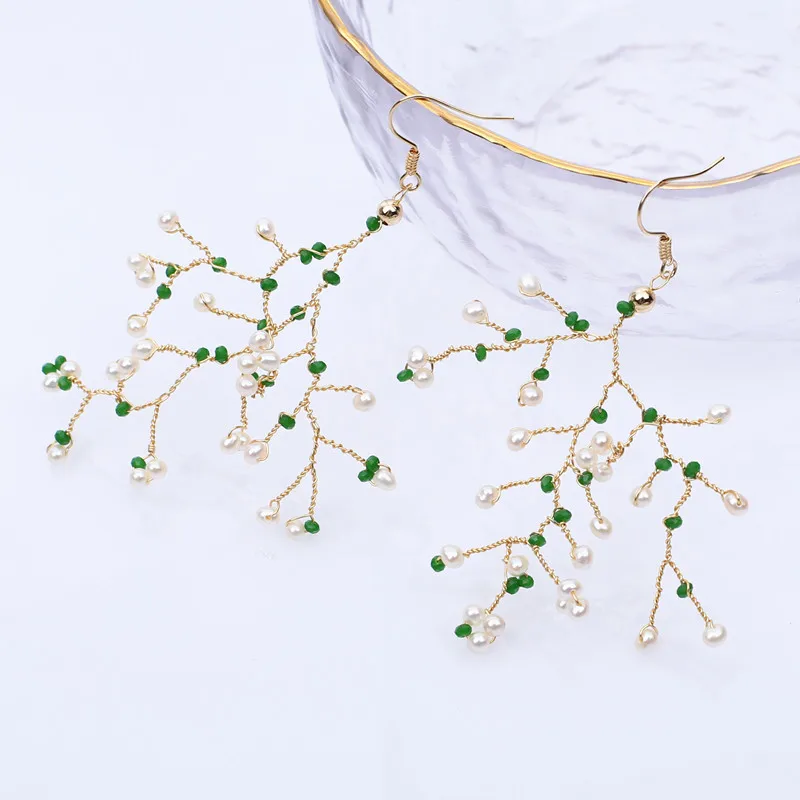 Bohemia tree branch handmade fresh water real oversized pearl earrings in gold