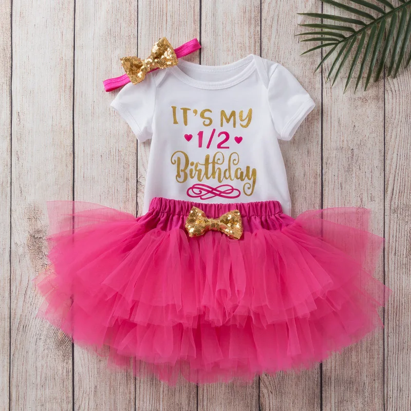 Baby Girls Half Birthday Party Romper Pink TUTU Skirt My Girl is on the Way to One Birthday Outfit infant Girl Bow Headband