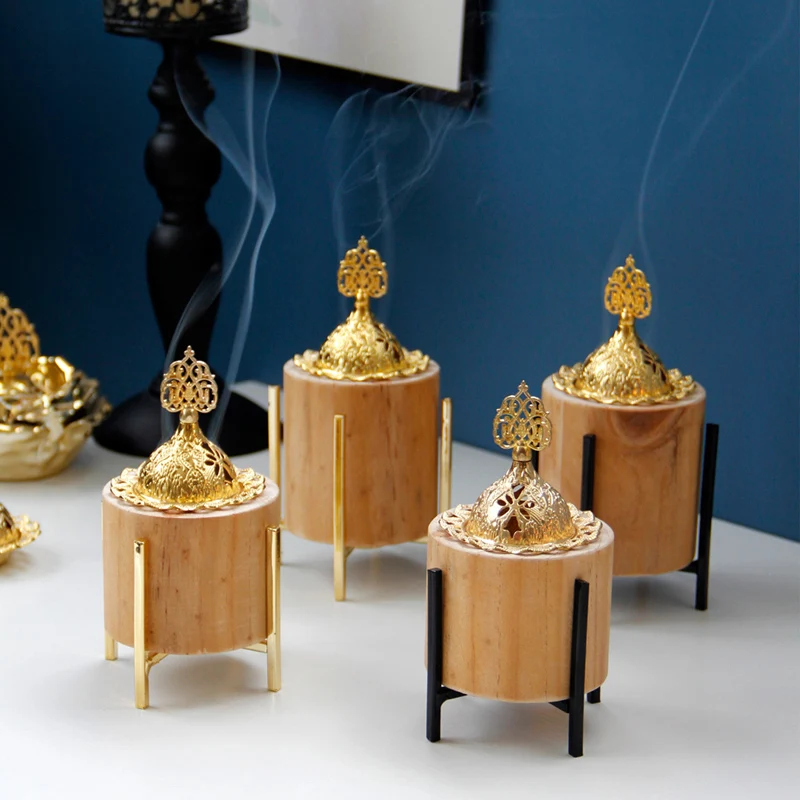 Elegant luxury design Islamic style Iron Stand Wooden Incense Burner Mubkhar Incense Burner Arabic Incense Burner with Lid