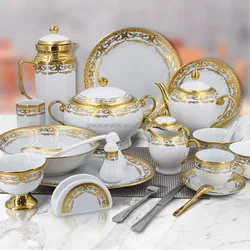 Hot Selling Gold Plated 101 102 pcs indian Style Dinner Set Fine Porcelain Plate Sets Dinnerware Ceramic Dinner Gold