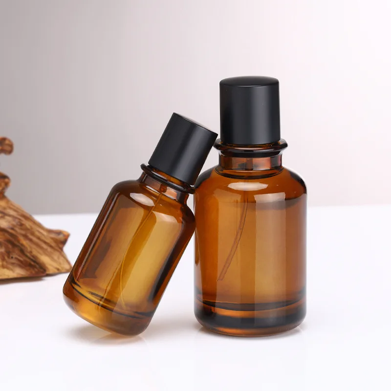 Wholesale Perfume Packaging Bottle 30ml 50ml 100ml Brown Crimp Glass Bottle With Marble Stone Ball Lid For Woman