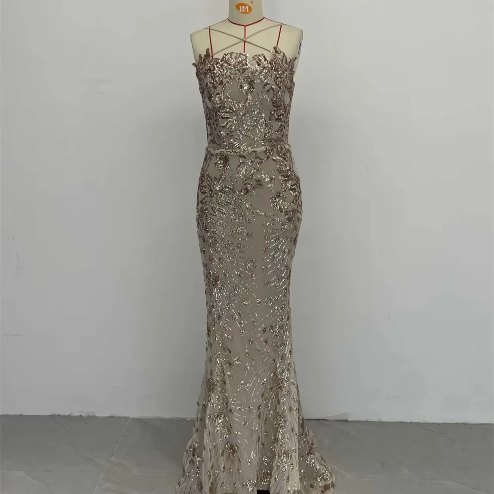 Strapless Halter Neck Evening Dress Golden Shiny Party Dress Sexy Lace Mermaid Dress