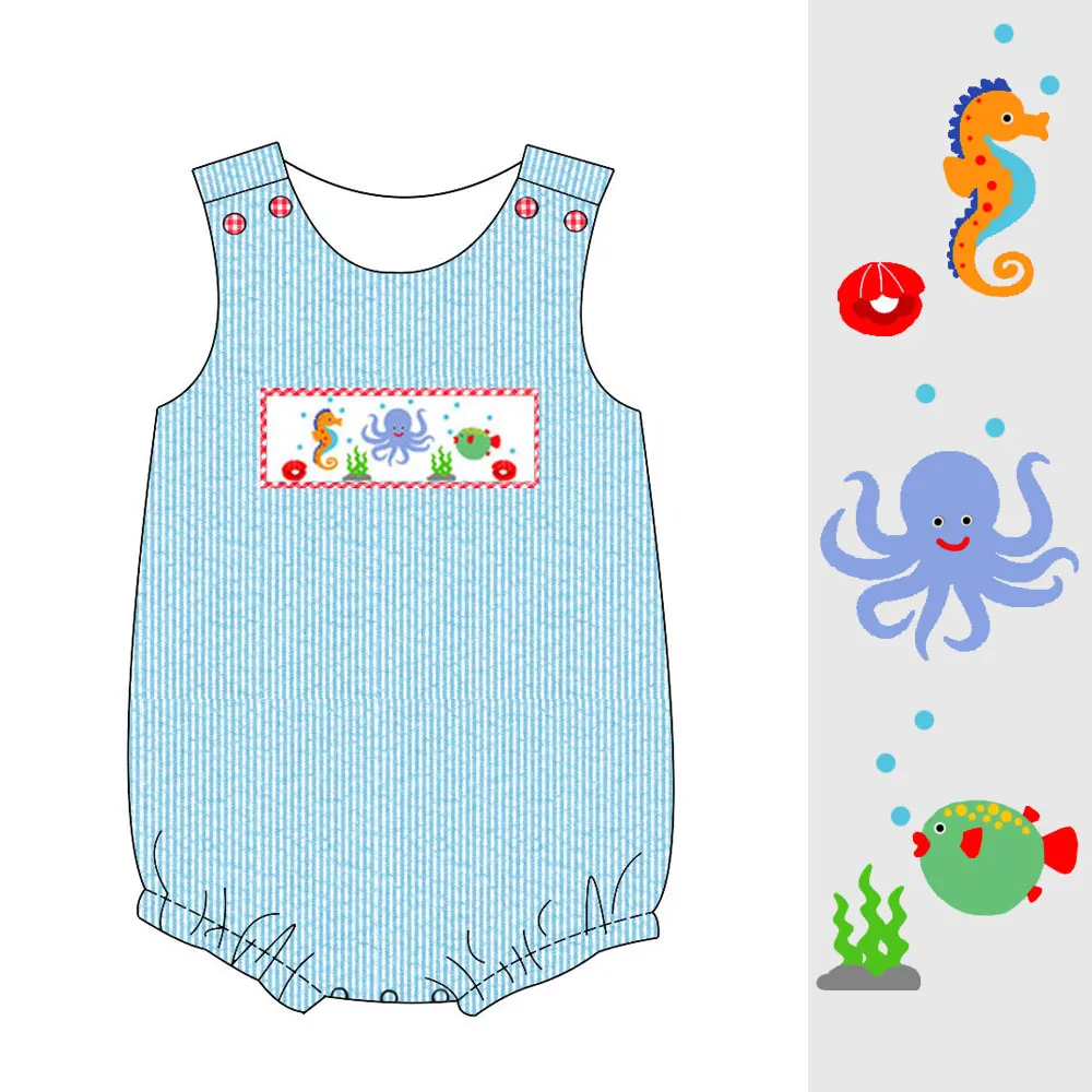 Toddler Boys Blue Seersucker Summer Rompers Sleeveless Sea Animals Smocked Bubble Outfits for Baby Boys