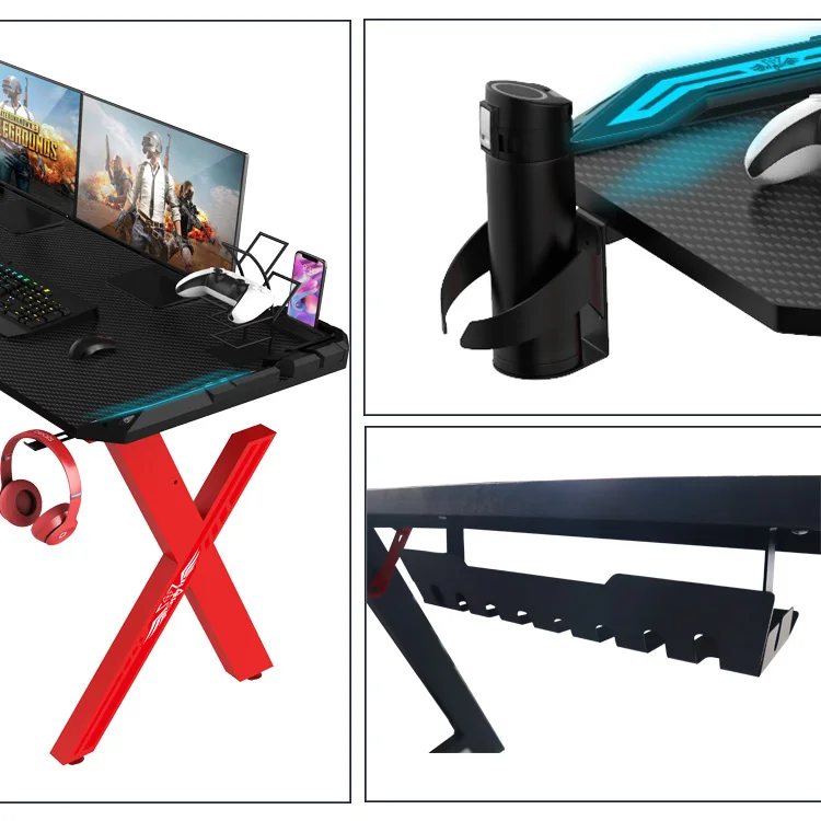 X-Shaped 140cm Red E-sports Gamer Desk With Led Carbon Fiber Desktop Computer Gaming Table Rgb Pc Gaming Desk