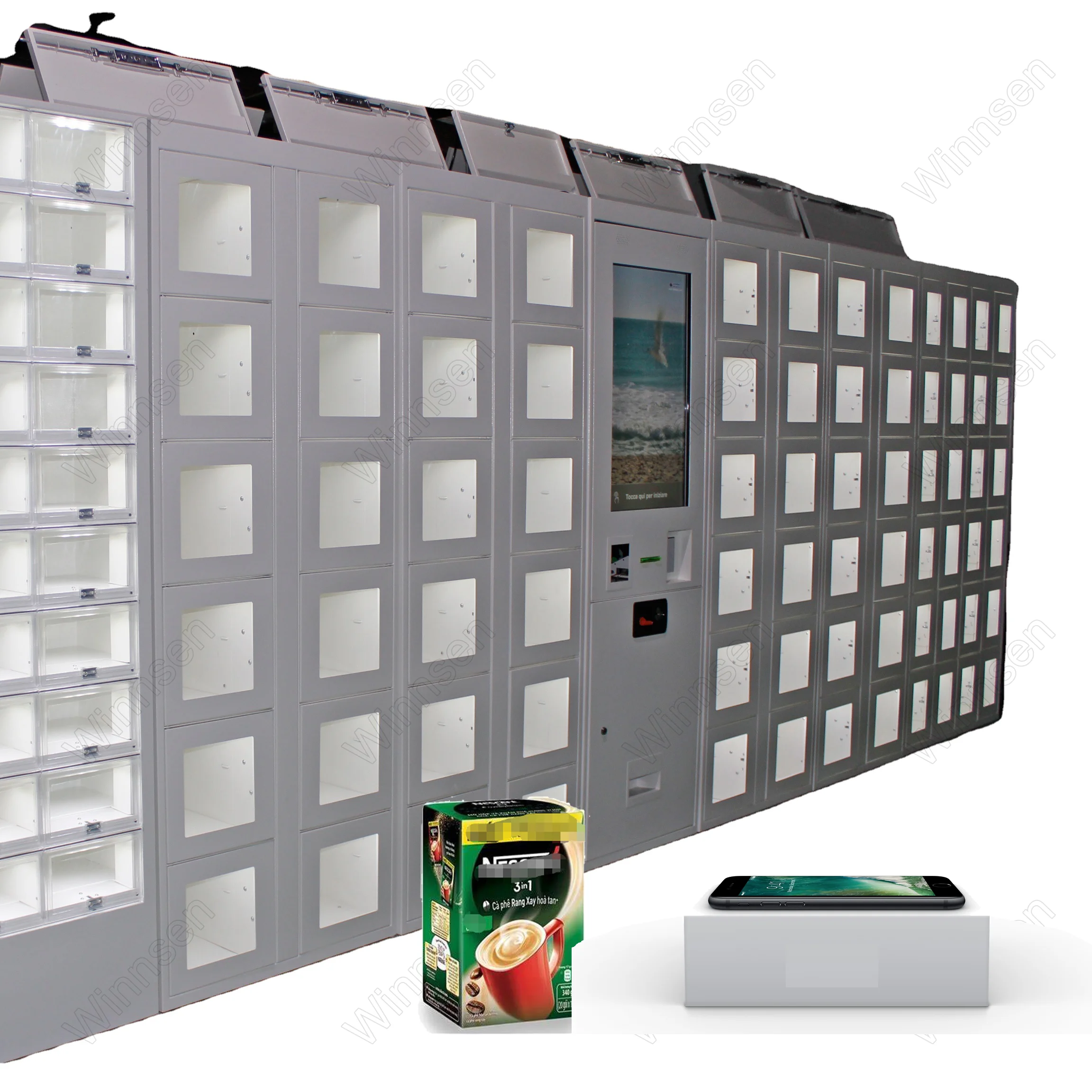 Winnsen Smart Mini Mart Store Touch Screen Credit Card Reader Book Library Custom Vending Locker Machine With Lighting System