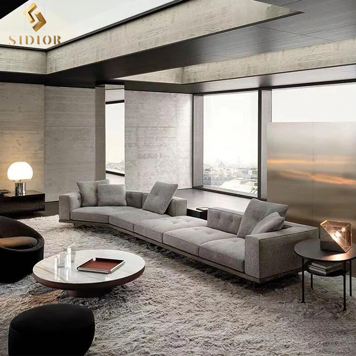 High End Furniture Minimalist Modern Grey Real Leather Sectional Linen Villa 8 Seater Couch Sofa Set L Shaped Corner Sofa Couch