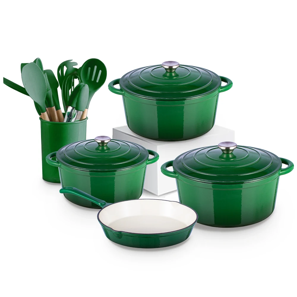 Bright Homeware 8 pcs Cookware Set Cast Iron China OEM Cookware Manufacturer Green Enameled Cast Iron Dutch Oven and Skillet Set