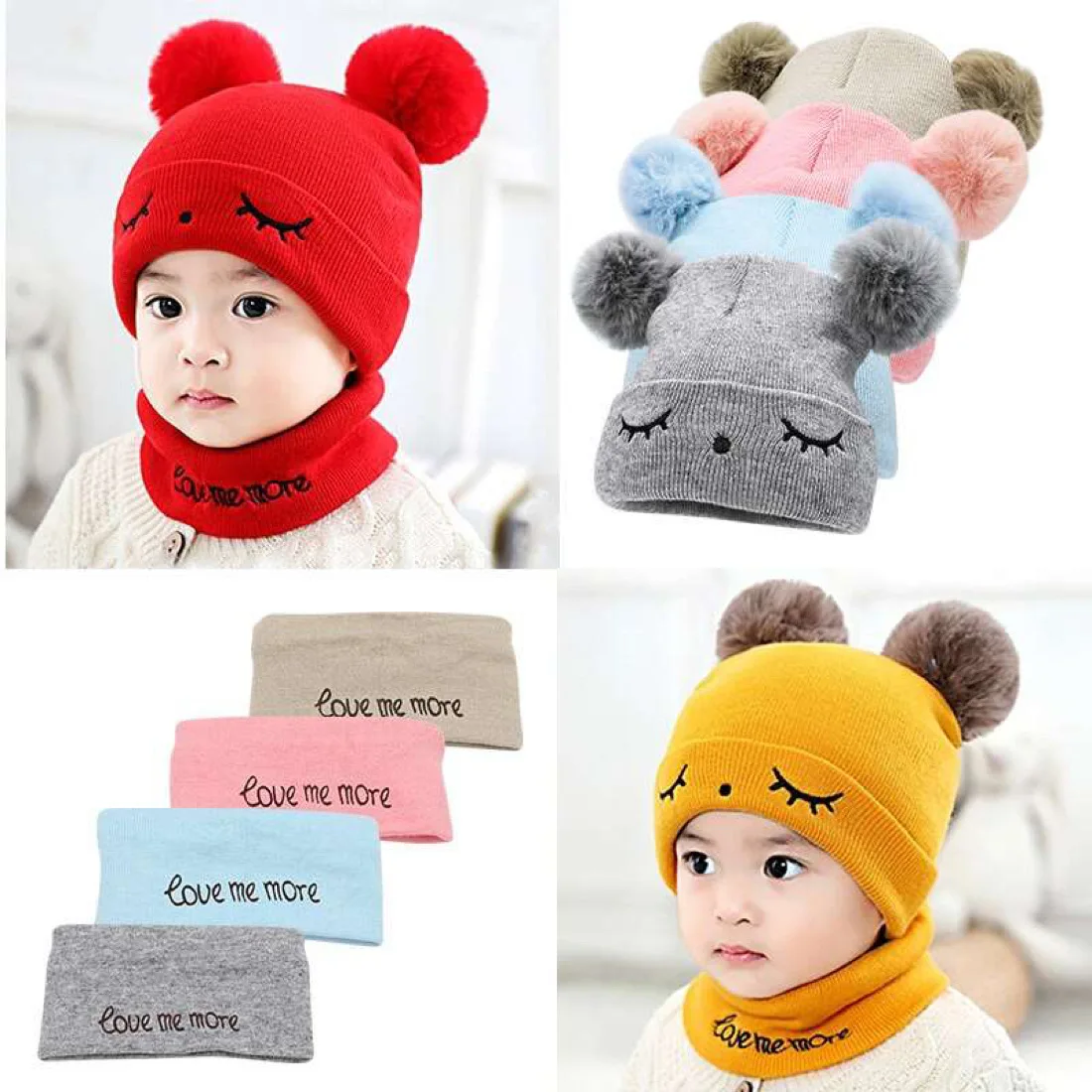 Infant Baby Boys Girls Hat Winter Warm Pompom Beanie Knitted New Born Baby Cute Children Cartoon Embroidery Kid hats scarf set