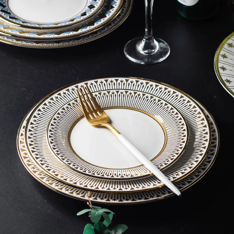 Hotel Restaurant Luxury Dish Set Gold Rim White Ceramic Steak Pasta Plates Food Dinner Plate