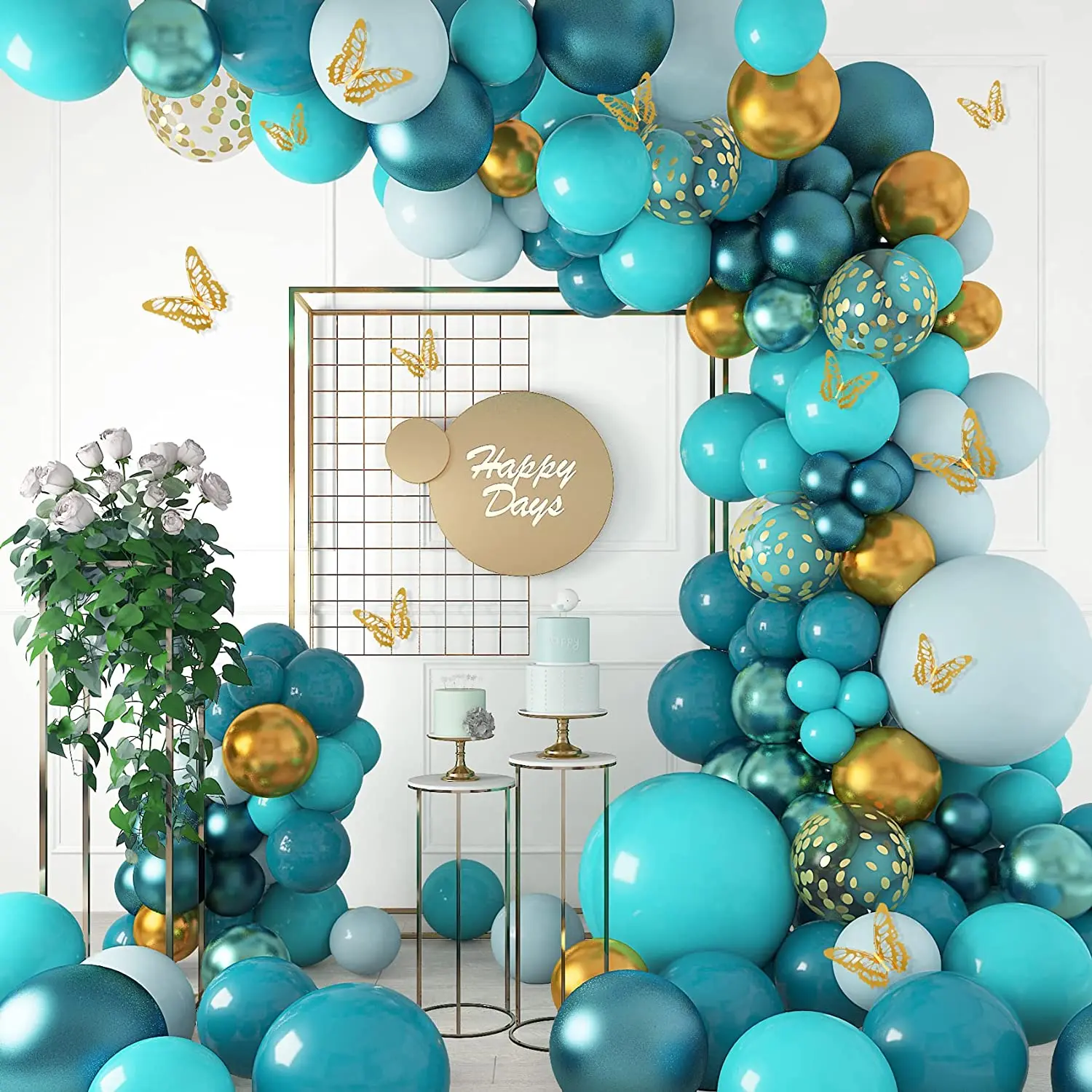 168PCS Teal Blue Balloons Garland Arch Kit Metallic Gold Balloons with gold Butterfly for Birthday Wedding Baby shower Shower