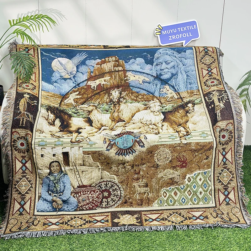 wholesale custom cotton or polyester  jacquard woven throw blanket and tapestry sofa rug camping blanket