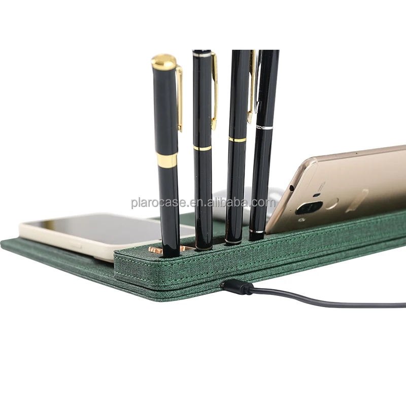 Custom PU Leather Wireless Charging Mouse Pad with USB Hub Pen Phone Holder