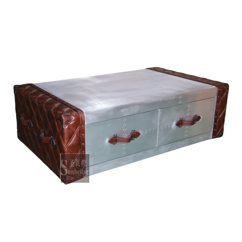 Vintage Metal aviator Aluminium Leather 4 Drawers Coffee Table Luxury Storage Unique Industrial Living Room Center
