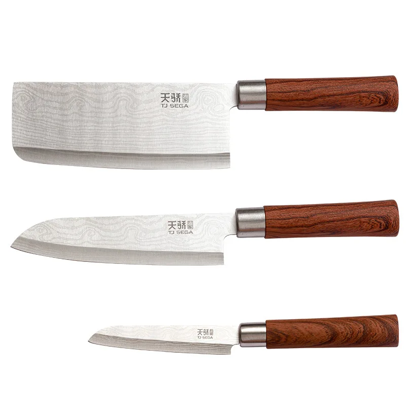 Wholesale Cheap 3cr13 Stainless Steel Knife Kitchen Set with PP Handle Laser Damascus Pattern Cleaver Chef Paring Knife