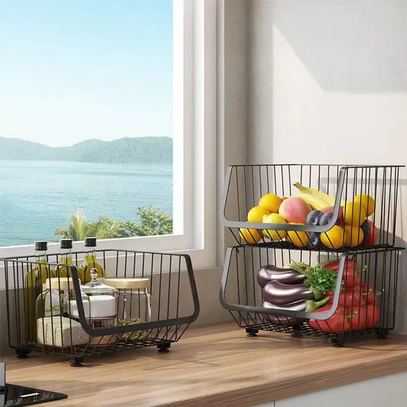 Standing Type Stackable Metal Wire Fruit Vegetable Food Storage Bin Basket For Kitchen