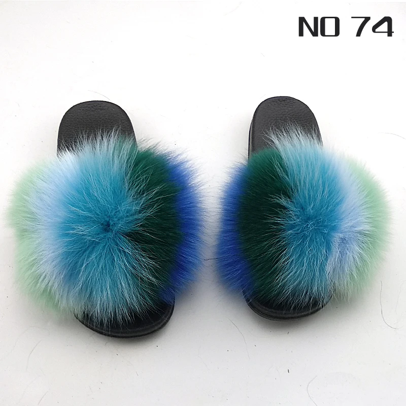2020 PVC Sole Multi Colors Rainbow flag color Fox Fur Slippers Natural Color Raccoon Fur Slides with Purse for Girls