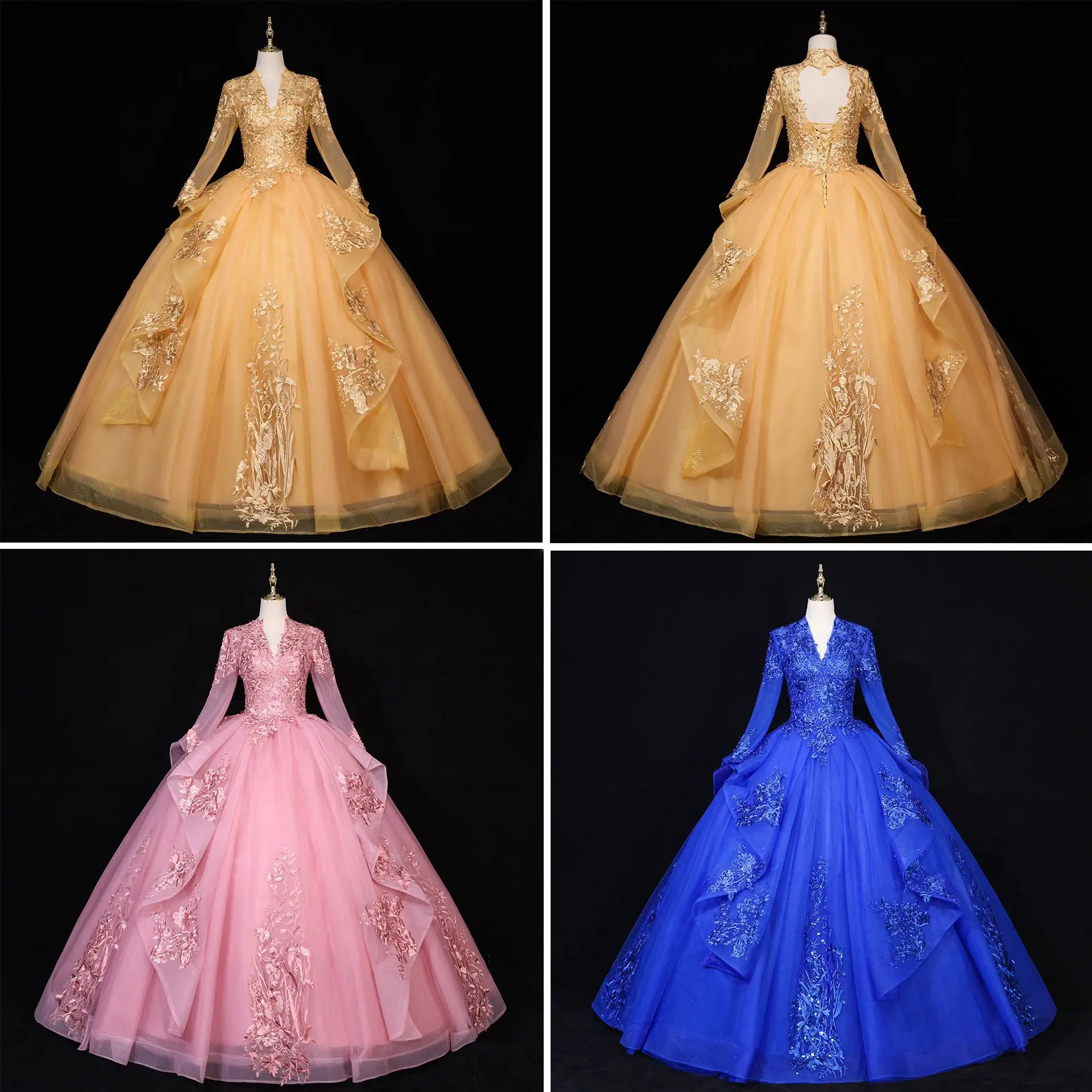 2022 new bride pink blue gold stand collar long sleeves Costumes dream luxury Princess tutu ball gown Wedding dress