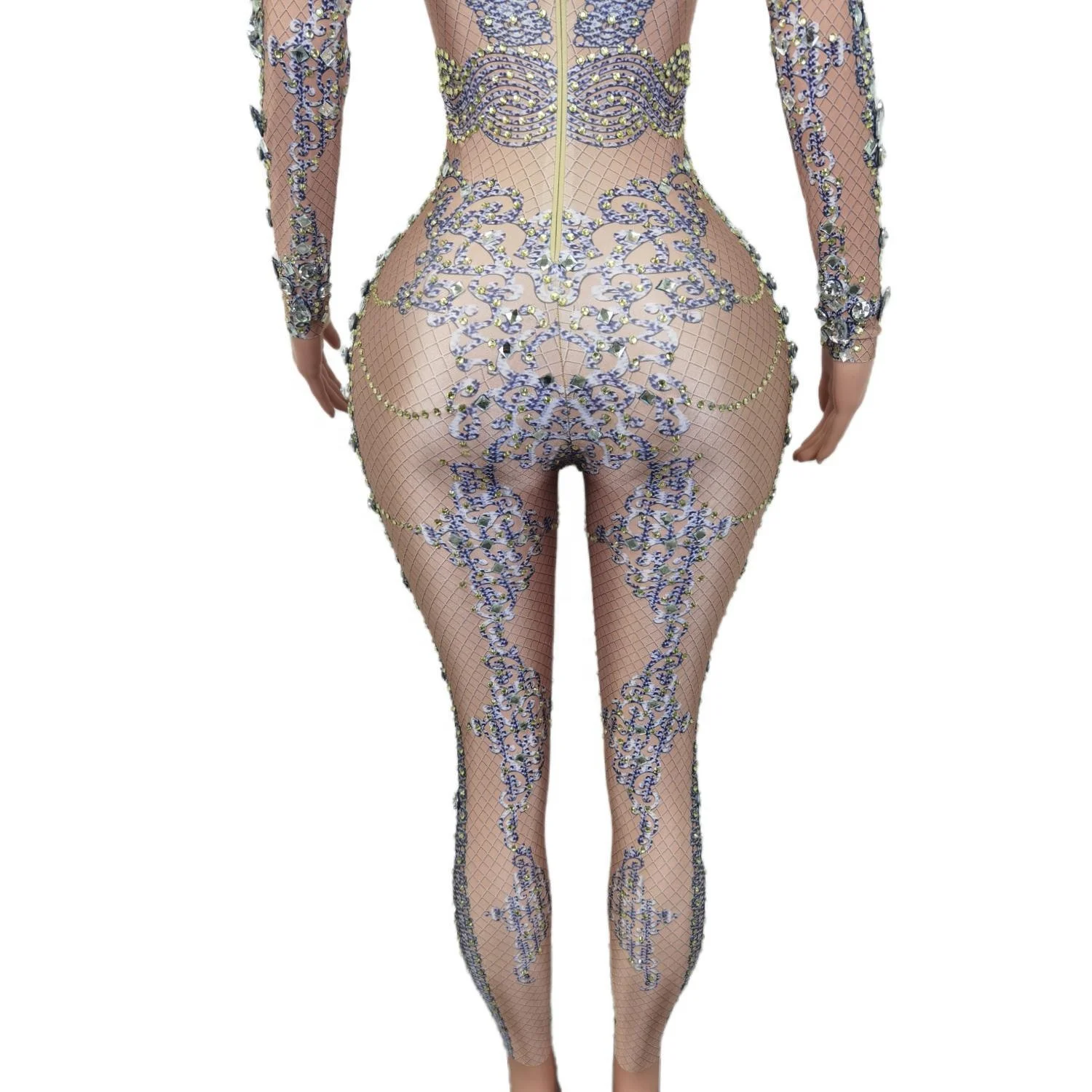 Sparkly Long Sleeves Rhinestone Bodysuit Festival Performance Outfit Plus Size Female Sexy Diamonds Rompers Party Women Jumpsuit