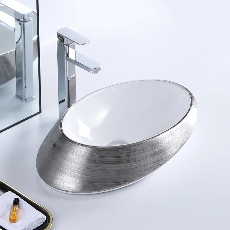 New Design Plated Silver Color Ceramic Countertop Art Hand Wash Basin Vessel Bathroom Sinks