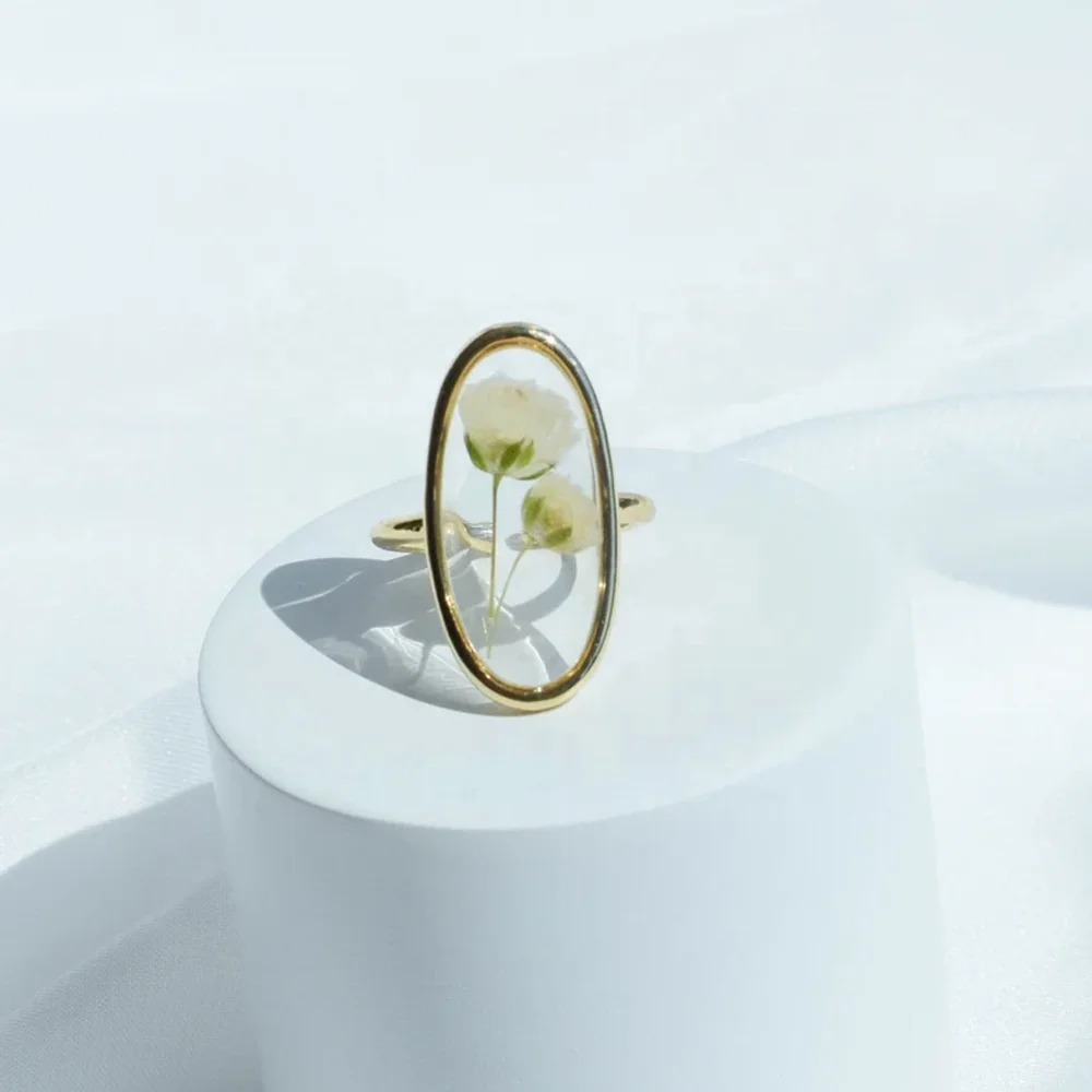 Wholesale factory price classic flower jewelry 925 silver gold real flower Elliptical resin rings