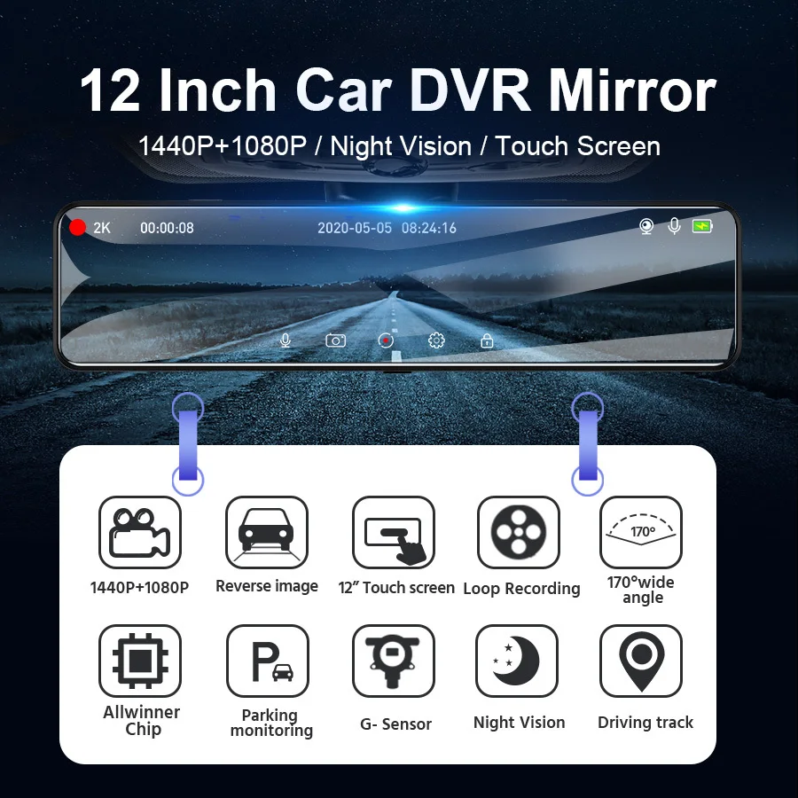 12inch mirror car black box  2K  video recorder front and rear  wifi GPS touch screen dash cam with phone app