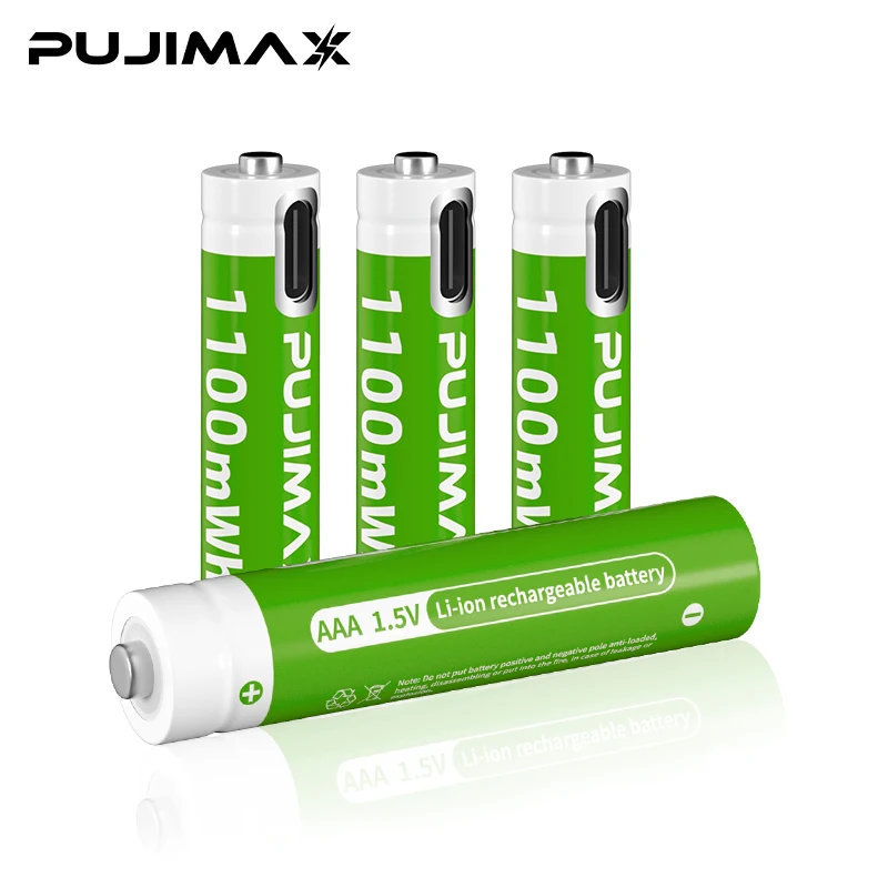 PUJIMAX  Type-C Rechargeable LI-ion Smart Chip Controller Battery set with 4 pcs 1100mwh Battery 3A 1.5V and 4 in 1 USB-C Cable