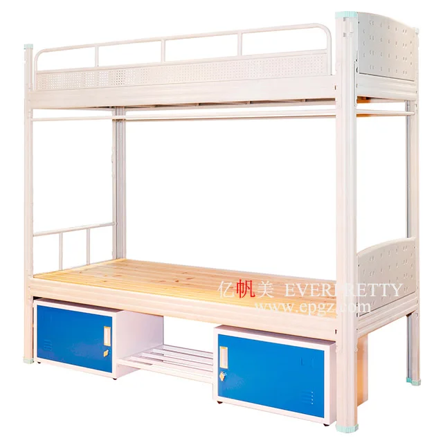 School Dormitory Furniture Metal Duty Double Frame Bunk Bed with Wooden Cabinet and Study Table